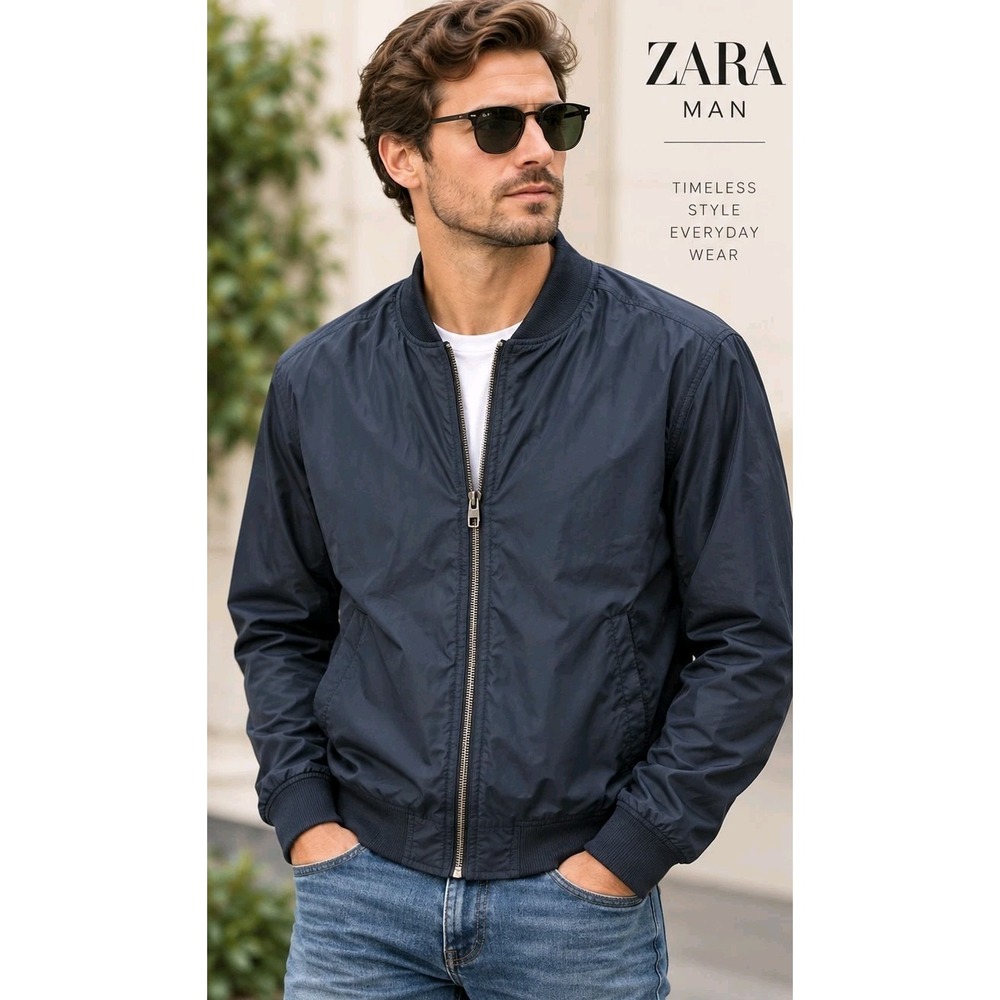 Men's Zara Technical Light Urban Medium Sporty Navy Blue Bomber Jacket